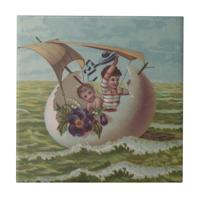 Antique Easter Card Sailing Egg Children Tile (Front)