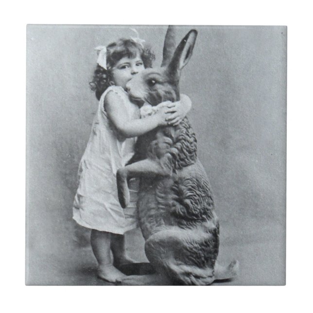 Antique Easter Post Card Victorian Girl Bunny Tile (Front)