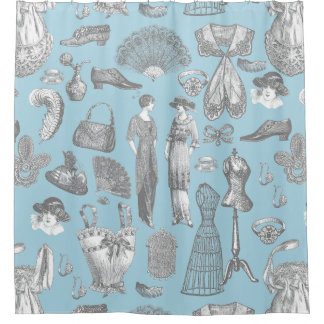 antique edwardian vintage fashion ladies blue  shower curtain