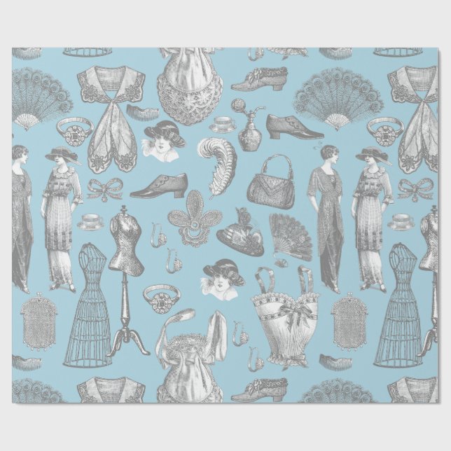 antique edwardian vintage fashion ladies blue  wrapping paper (Flat)