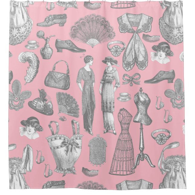 antique edwardian vintage fashion ladies pink shower curtain (Front)