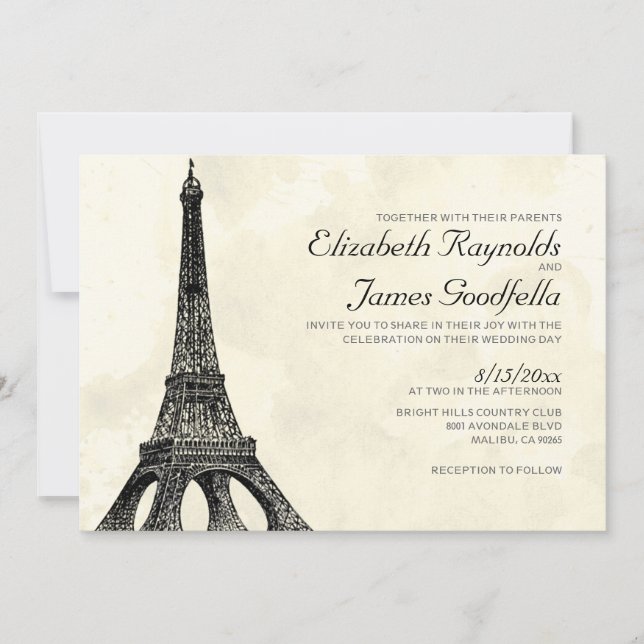 Antique Eiffel Tower Wedding Invitations (Front)