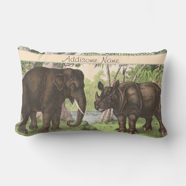 Antique Elephant in Jungle Print Lumbar Cushion (Front)