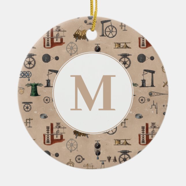 Antique Engineering Mechanical Scientific Monogram Ceramic Tree Decoration (Front)