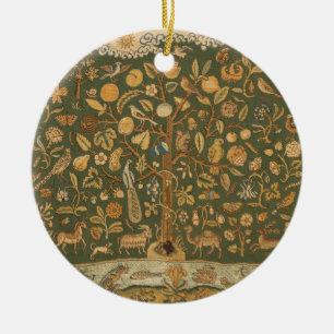 Antique English Needlepoint Tree of Life & Unicorn Ceramic Tree Decoration