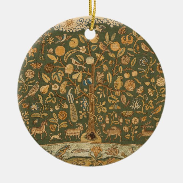 Antique English Needlepoint Tree of Life & Unicorn Ceramic Tree Decoration (Front)
