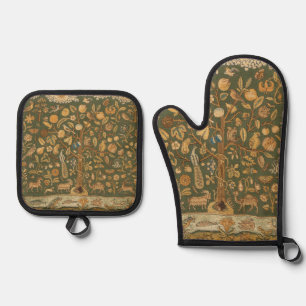 Antique English Needlepoint Tree of Life & Unicorn Oven Mitt & Pot Holder Set
