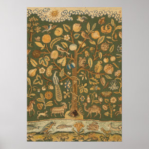 Antique English Needlepoint Tree of Life & Unicorn Poster