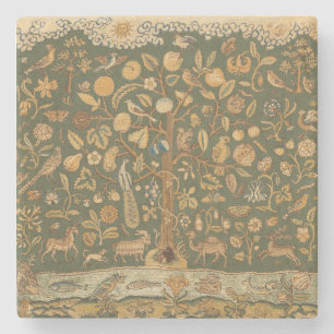 Antique English Needlepoint Tree of Life & Unicorn Stone Coaster