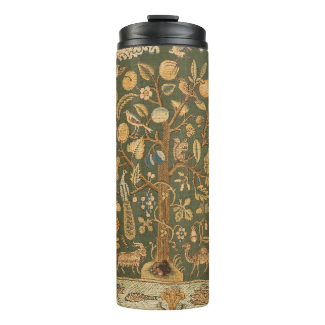 Antique English Needlepoint Tree of Life & Unicorn Thermal Tumbler (Front)