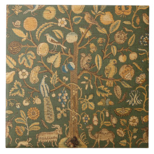 Antique English Needlepoint Tree of Life & Unicorn Tile