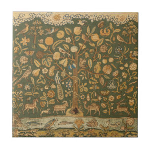 Antique English Needlepoint Tree of Life & Unicorn Tile