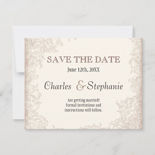 Antique English Rose Floral Swirl Wedding Save The Date (Front)