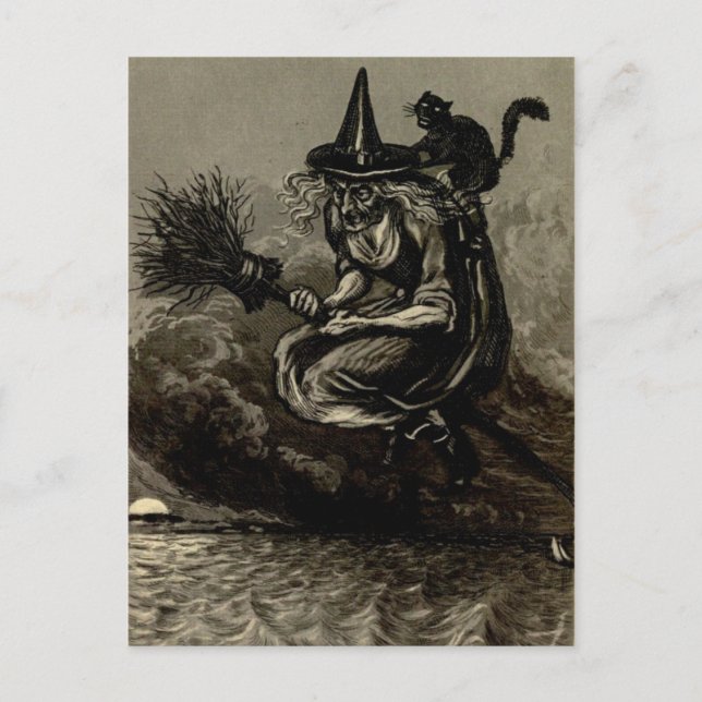 Antique Engraving Witch on Broom Postcard (Front)