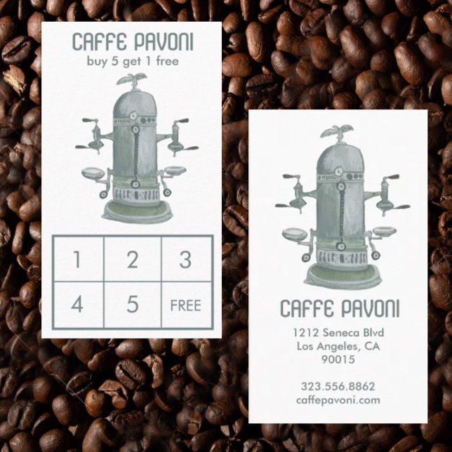 Antique Espresso Machine Cafe Coffee Watercolor  Loyalty Card (Watercolor antique espresso machine custom coffee loyalty card business card
)