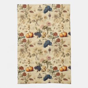 Antique Fall Vineyard Pumpkin Grape Botanical Tea Towel