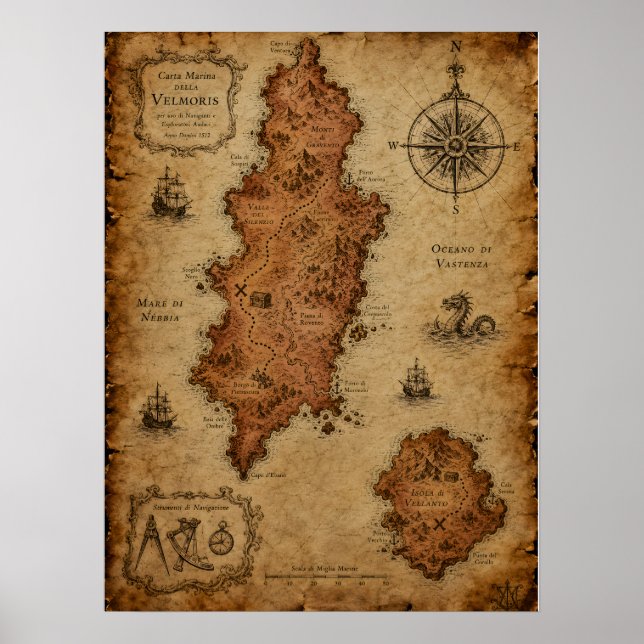 Antique Fantasy Map — Velmoris Island Poster (Front)