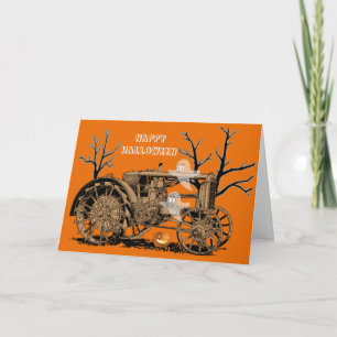 ANTIQUE FARM TRACTOR HALLOWEEN GHOST PUMPKIN FARM CARD