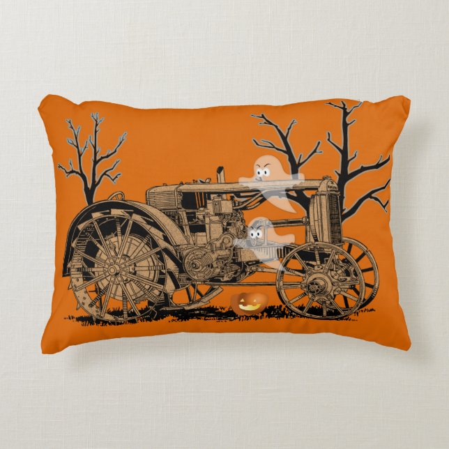 ANTIQUE FARM TRACTOR HALLOWEEN GHOST PUMPKIN FARM DECORATIVE CUSHION (Front)