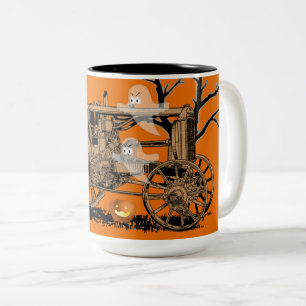 ANTIQUE FARM TRACTOR HALLOWEEN GHOST PUMPKIN FARM Two-Tone COFFEE MUG