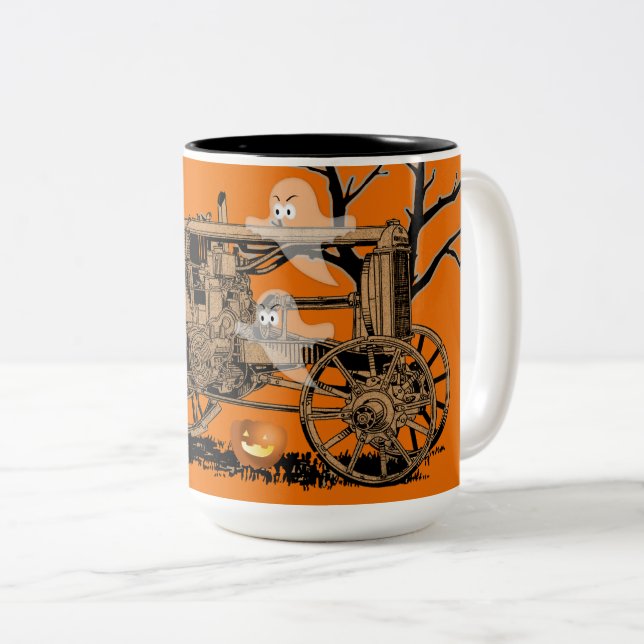 ANTIQUE FARM TRACTOR HALLOWEEN GHOST PUMPKIN FARM Two-Tone COFFEE MUG (Front Right)