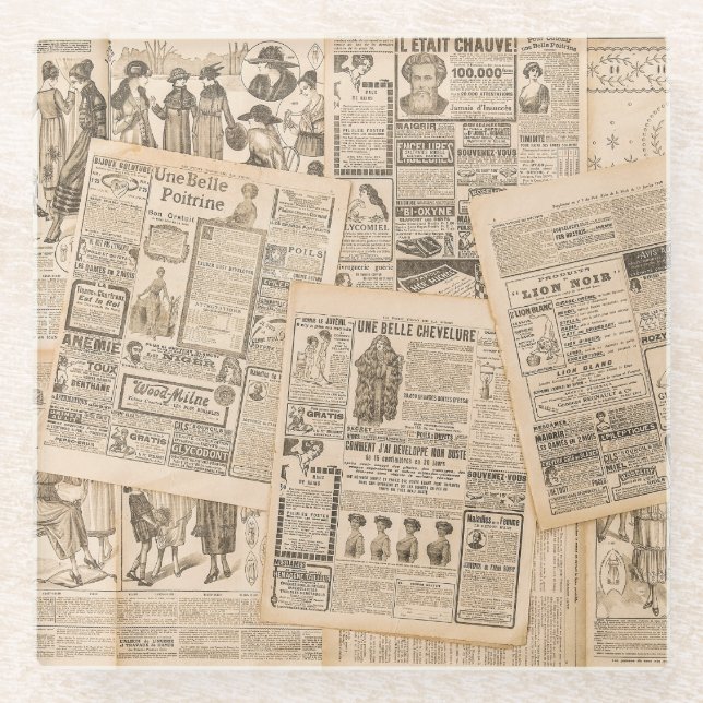 Antique Fashion: Newspaper Advertising Pages Glass Coaster (Front)