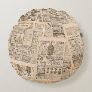 Antique Fashion: Newspaper Advertising Pages Round Cushion