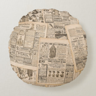 Antique Fashion: Newspaper Advertising Pages Round Cushion