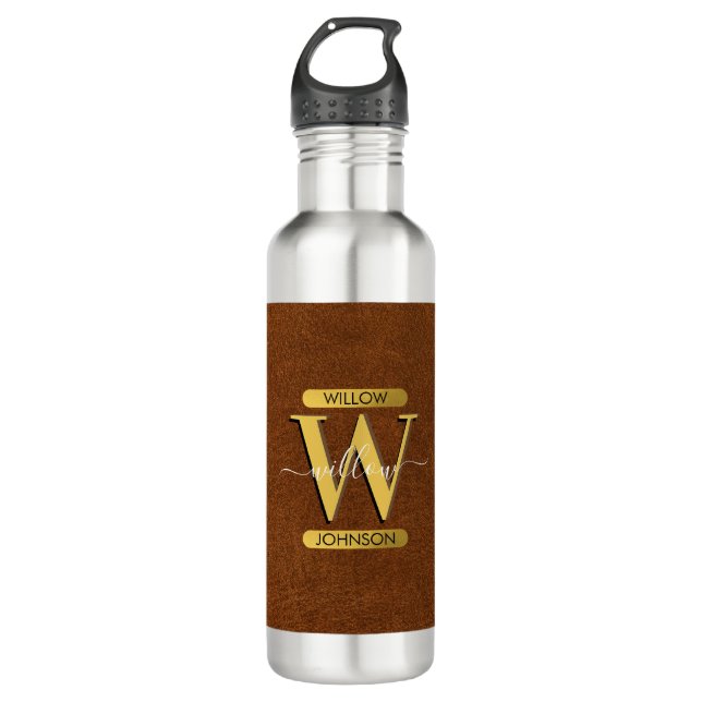 Antique Faux Leather & Gold Monogram  710 Ml Water Bottle (Front)
