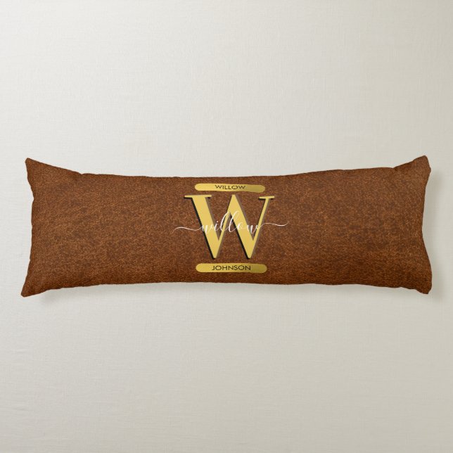 Antique Faux Leather & Gold Monogram Body Cushion (Front)