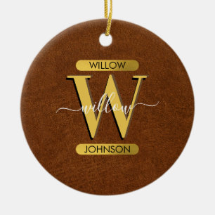 Antique Faux Leather & Gold Monogram Ceramic Tree Decoration
