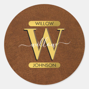 Antique Faux Leather & Gold Monogram Classic Round Sticker