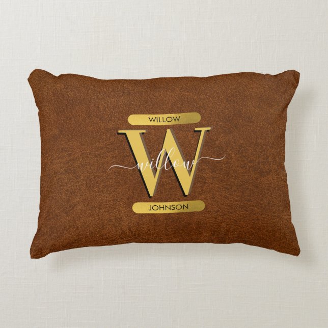 Antique Faux Leather & Gold Monogram Decorative Cushion (Front)