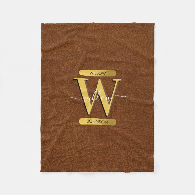 Antique Faux Leather & Gold Monogram  Fleece Blanket (Front)