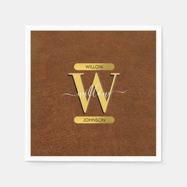 Antique Faux Leather & Gold Monogram Napkin (Front)