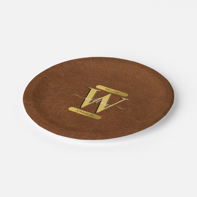 Antique Faux Leather & Gold Monogram  Paper Plate (Angled)