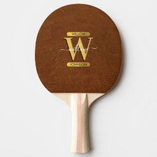Antique Faux Leather & Gold Monogram  Ping Pong Paddle