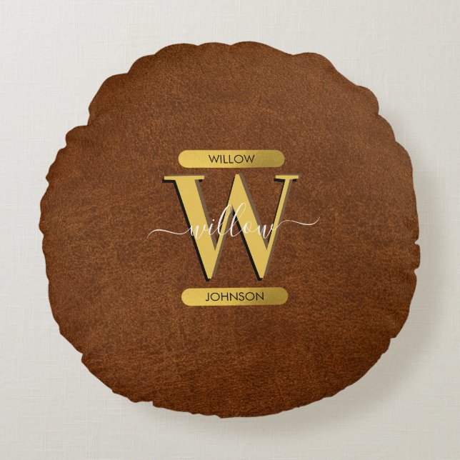 Antique Faux Leather & Gold Monogram Round Cushion (Front)