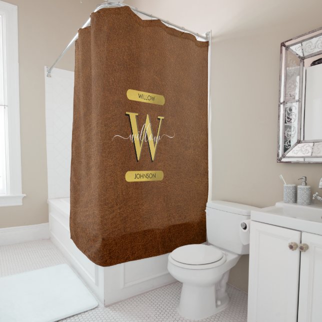 Antique Faux Leather & Gold Monogram Shower Curtain (In Situ)