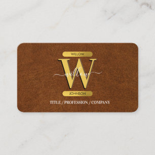 Antique Faux Leather & Gold Monogram Social Media Business Card