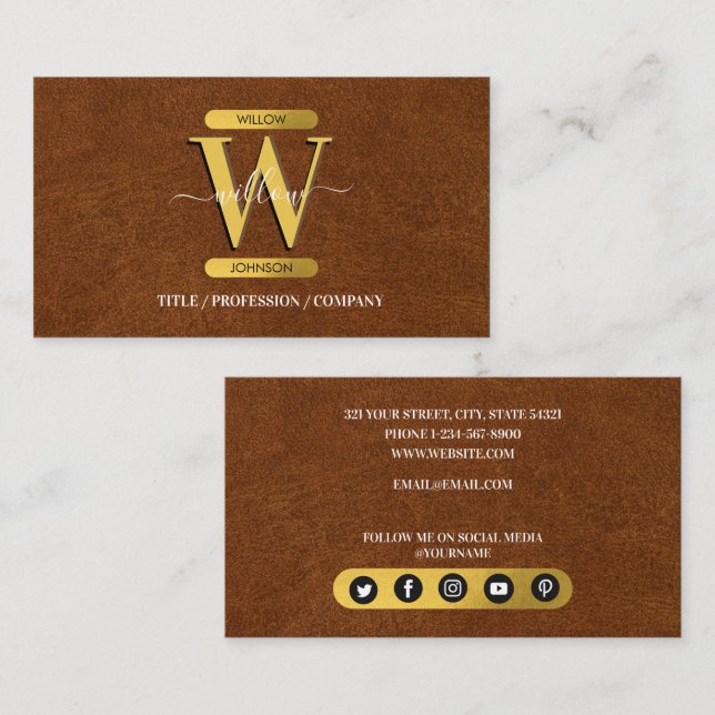 Antique Faux Leather & Gold Monogram Social Media Business Card (Front/Back)