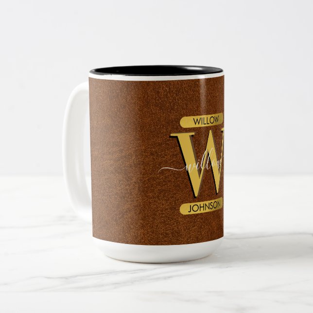 Antique Faux Leather & Gold Monogram  Two-Tone Coffee Mug (Front Left)