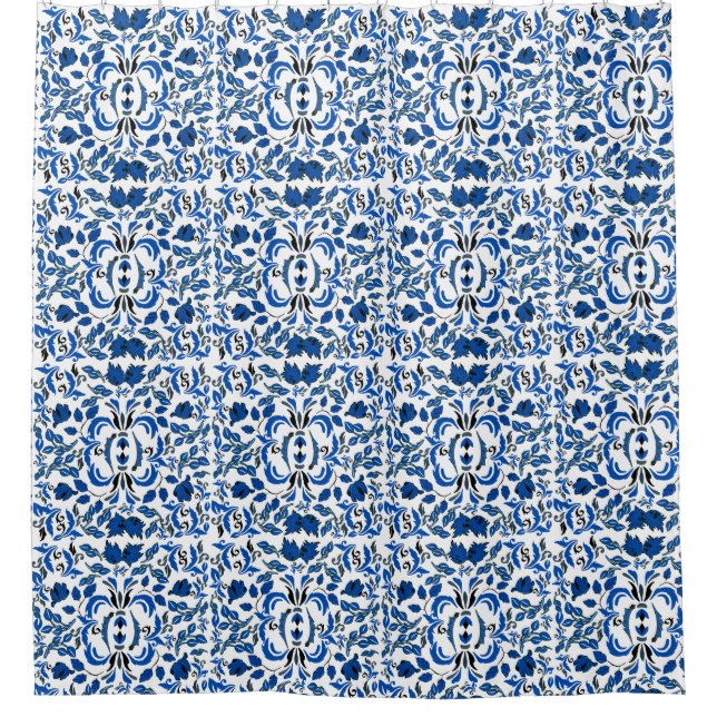 Antique feeling beautiful pattern blue and white   shower curtain (Front)