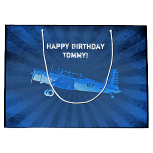 Antique Fighter Airplane CUSTOM Retro Blue Large Gift Bag