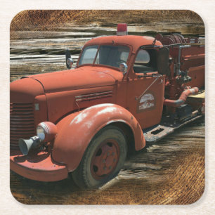 Antique Fire Truck Vintage Fire Truck Square Paper Coaster