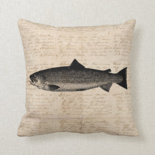 Antique Fishing Art Trout Fish Illustration Script Cushion
