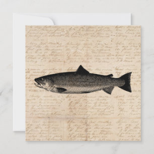 Antique Fishing Art Trout Fish Illustration Script Holiday Card
