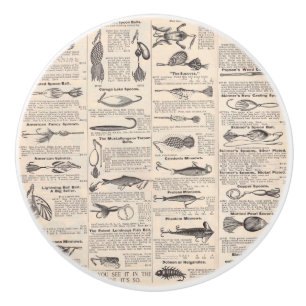 Antique Fishing Lures Catalogue Page Vintage Print Ceramic Knob