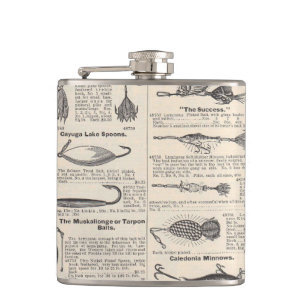 Antique Fishing Lures Catalogue Page Vintage Print Hip Flask