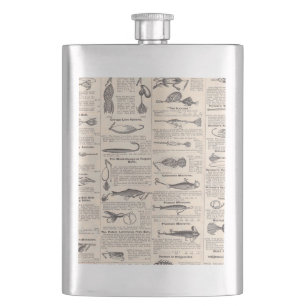 Antique Fishing Lures Catalogue Page Vintage Print Hip Flask